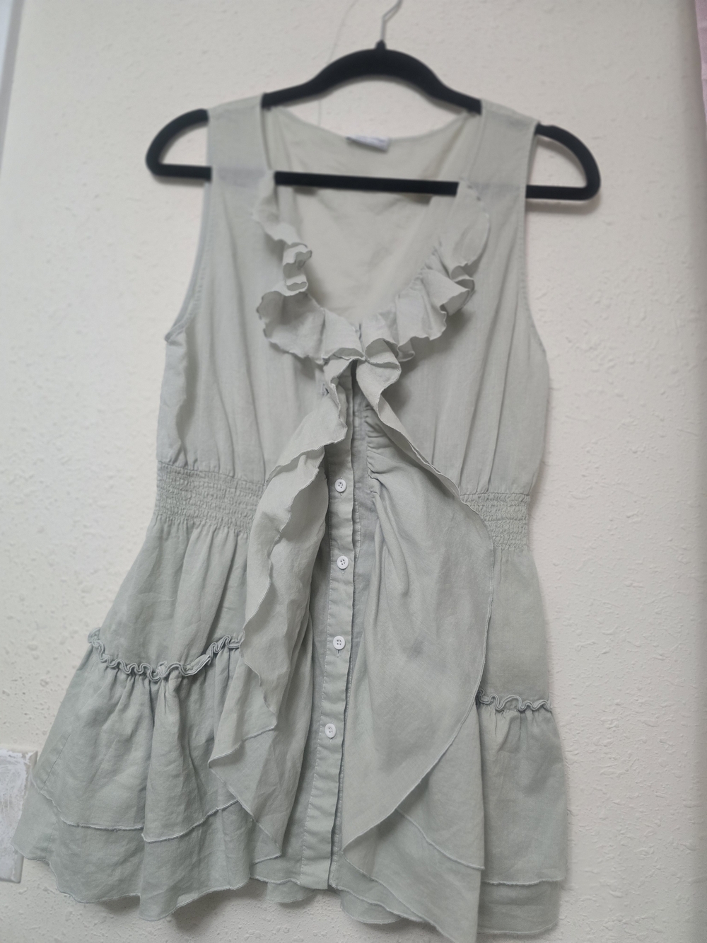 Tasha Polizzi Sage Green Ruffled Sleeveless Button-Front Top